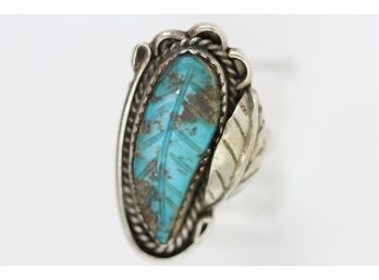 Sterling Silver Ring Indian Carved Turquoise Feather Handmade Native American Size 5.5