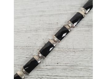 Vintage Black Onyx Link Sterling Silver Bracelet Chain Link 7.25' Retro 925