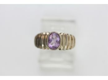 Sterling Silver Ring Natural Amethyst Size 5 Vintage Ribbed Setting Pretty