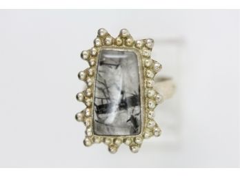 Sterling Silver Ring Rutilated Quartz Clear Black Lines Size 7 Handmade Natural Stone