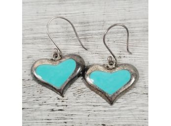 Sterling Silver Blue Inlay Heart Mexico Dangle Heart Earrings 925 Southwest Classic Staple