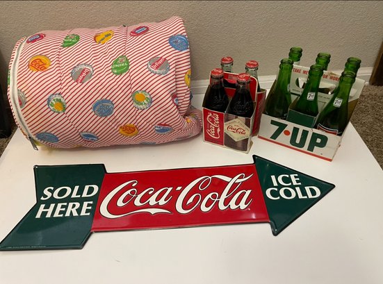 Vintage Soda Pop Lot Includes 1980s Kids Sleeping Bag, Metal Coca-cola Advertising Sign, Vintage 7-uP Bottles