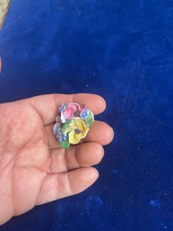 Vintage Resin Or Porcelain Hand Painted Flower Bouquet Brooch Pin