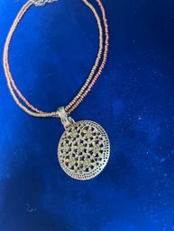 Vintage Beaded Choker Necklace With Rhinestone Medallian