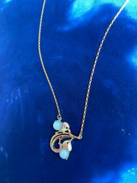 Vintage Blue Jelly Belly With Pink Rhinestone And Enamel Necklace Gold Tone Hook Clasp