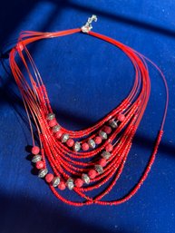 Red Layered Beaded Necklace Bohemian Style