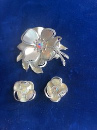 Vintage Floral Brooch And Matching Earring Set Iridescent Rhinestone Unmarked