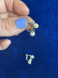 Vintage Double Pearl Dangle Earrings Screw Back Posts 1/20 White GF