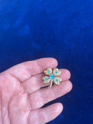 Vintage 4 Leaf Clover Blue Rhinestone And Pearl Brooch Lucky Charm Untested Unmarked