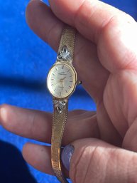 Jules Jurgensen Ladies Wrist Watch Diamonds White Gold Accents Gold Plate With Sapphire Key