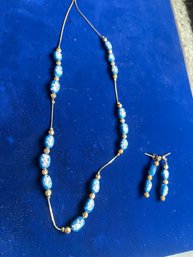 Vintage Gold And Blue Bead Earring And Necklace Set Untested Metal Unmarked