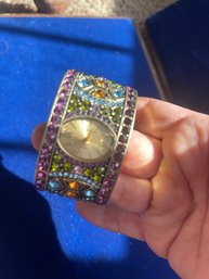 Vintage Designer Heidi Daus Crystal Rhinestone Cuff Bangle Bracelet Watch