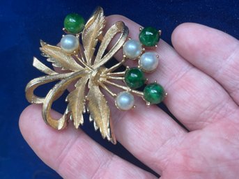 Sarah Cov Costume Jewelry Brooch Jelly Belly Ribbons And Green And White Pearls