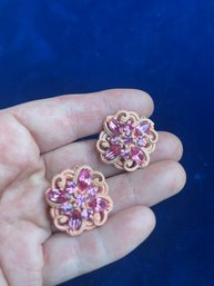 Vintage 1950s Pink Rhinestone Clip On Earrings Costume Jewelry