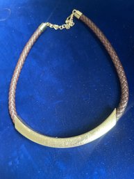 Vintage Braided Leather Gold Choker Necklace 90s Business Woman