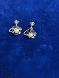 Vintage Silver Screw Back Pearl Floral Earrings 1940s