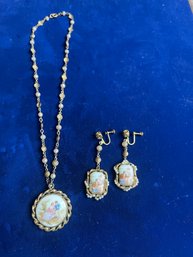 Victorian Necklace And Earring Set With Tiny Pearls Untested Metal Porcelain German Marked