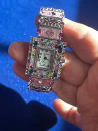 1990s Ladies Geneva Bracelet Cuff Watch Rhinestones