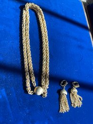 Vintage Costume Jewelry Rope Necklace And Earrings Set Tassels Unmarked Untested