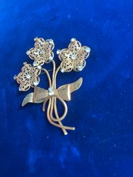 Vintage Floral And Rhinestone Brooch Gold Toned Untested Unmarked