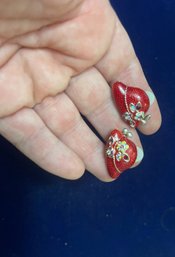 Vintage Red Enamel And Rhinestone Hat Clip On Earrings Costume Jewelry Unmarked