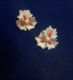 Vintage Clip On Earrings Pearl And Sea Shell Coral Costume Jewelry