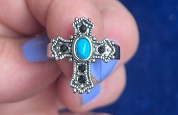 Women's Fashion Ring Silver And Turquoise Cross Religious Size 7