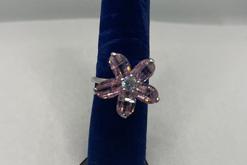 Pink & White Zircon Flower Ring Pixel Cut In Silver Size 6.5  See Matching Necklace