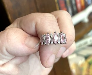 Sterling Silver Anniversary Band Pink Tourmaline Marquis And CZ Baguette Accents Size 6