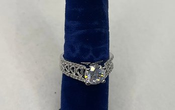 2 Carat Round Center Stone Engagement Ring Double Channel With Heart Band Heart Crown CZ Size 6 Silver