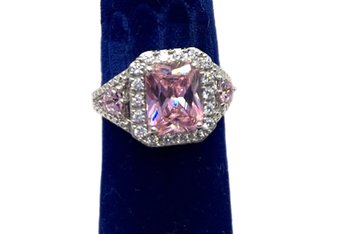 Sterling Silver 925 Pink Tourmaline And Diamond Ring Size 8
