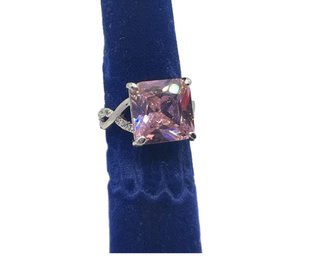 Pink Tourmaline And Diamond Princess Cut Ring Sterling Silver 925 Size 7
