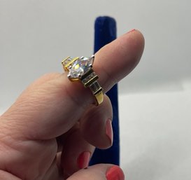 Size 8.5 Marquis Cut 2 KT Diamond CZ With Channel Set Accents In Round And Baguette Yellow GP Silver