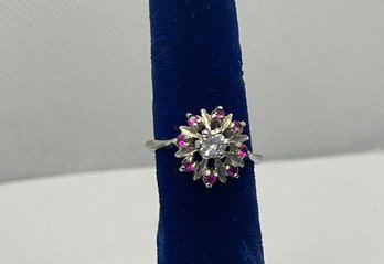Vintage Sterling Silver 1/4 Carat Center Diamond CZ With Ruby Accents Size 5