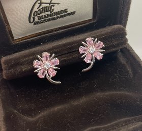 Sterling Silver Pink Tourmaline & White Diamond CZ Gemstone Flower Earrings Pear Cut