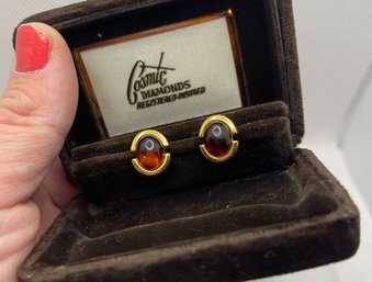 Vintage Monet Amber Jelly Belly Tension Set Solitaire Stud Earrings Costume Jewelry 14KT GP
