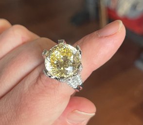 10 KT Brilliant Bella Luce Ring With Canary Yellow Diamond Simulated Crown Basket Covered In Pav ...