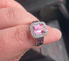 Size 7 Sterling Silver Pink Tourmaline Emerald Cut Cocktail Ring Gemstone