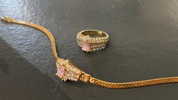 Pink Pear Cut And Diamond CZ GP Bracelet & Ring Set Costume Jewelry Size 6