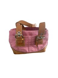 Vintage 1990s Coach F10927 Soho Pink Signature Jacquard & Cognac Leather Trim Tote Bag
