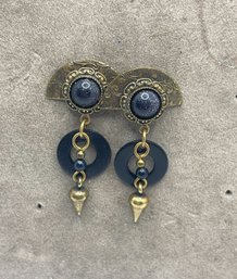 Vintage 1990s Post Back Dangle Earrings Frasurbane Navy Blue Sparkle Fan Shape Costume Jewelry