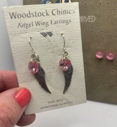 Sterling Silver Angel Wing And Pink Swarovski Crystal Heart Earrings
