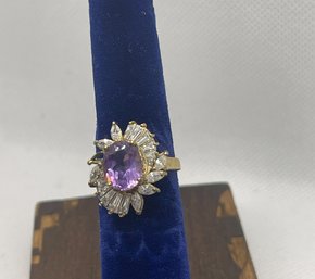 Vintage 14KT GP Sterling Silver 925 Purple Gemstone With Diamond CZ Accents Size 6.5 See Details