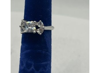 Princess Cut Center Stone Engagement Ring Silver With 4 Pear Cut Accents CZ Size 6.5