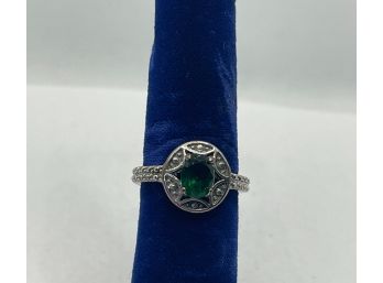 Vintage Costume Jewelry Emerald Ring Oval Center Stone Silver Plated Emerald Untested Size 7.5