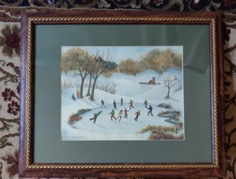 Ruth Frazer Homan? Watercolor Of Ice Skaters In Wood Frame