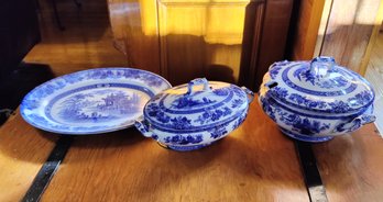 3 Piece Doulton Burslem Flow Blue Set Chinese Motif