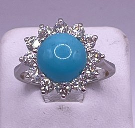 Lovely Sterling Silver Turquoise & Crystal Ring Size 8.25