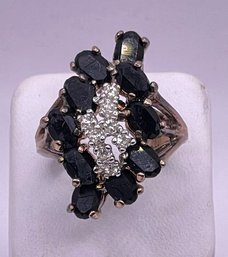 Vermeil Sterling Silver Waterfall Design Black & White Crystal Ring Size 8