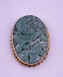 Stunning Asian 14k Yellow Gold & Jade Brooch / Pendant